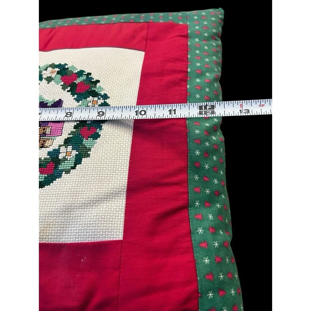 Vtg Cross Stitch Christmas Pillow Nutcracker Wreath Presents Handmade 13x13”